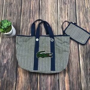 Lacoste Navy & White Stripe Terry Cloth Beach Bag